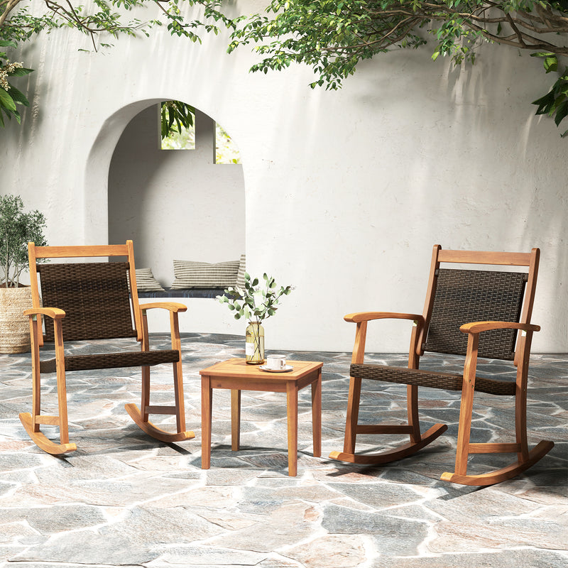 3 Pieces Acacia Wood Patio Rocking Chair Set with Side Table