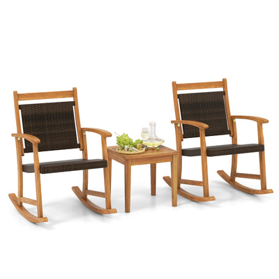 3 Pieces Acacia Wood Patio Rocking Chair Set with Side Table