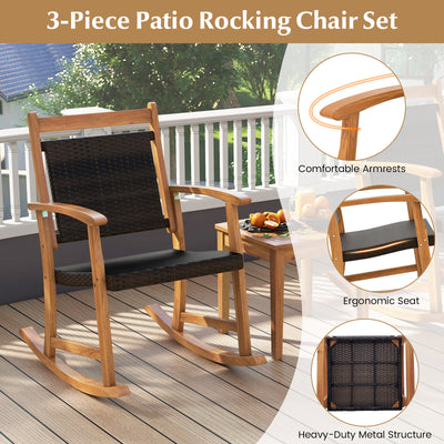 3 Pieces Acacia Wood Patio Rocking Chair Set with Side Table