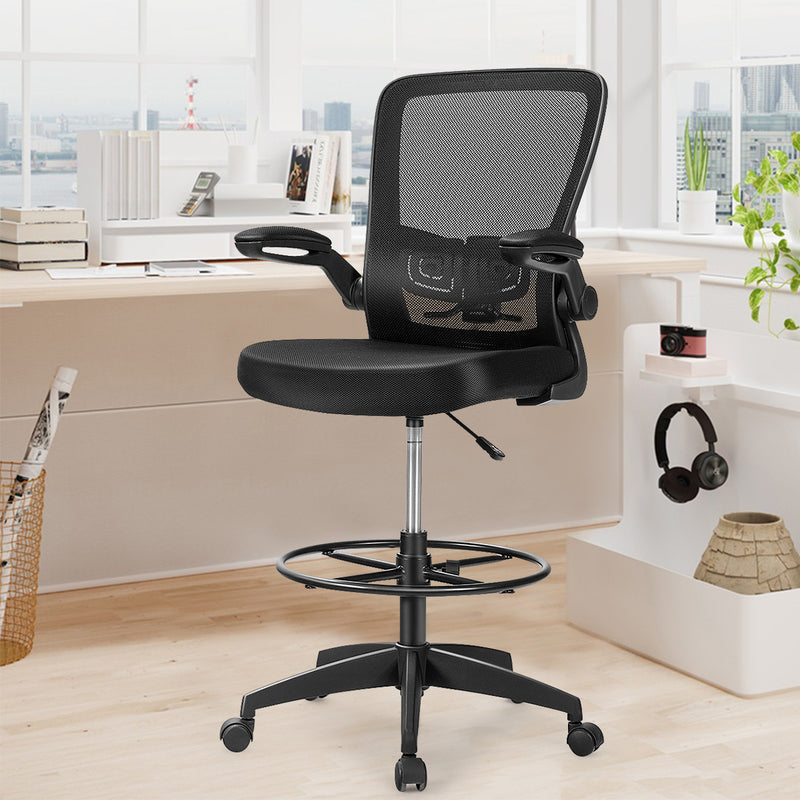 Height Adjustable Drafting Chair with Flip Up Arms-Black