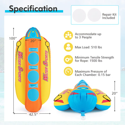 3-Person Inflatable Banana Boat with 3 EVA-padded Seats and Handles