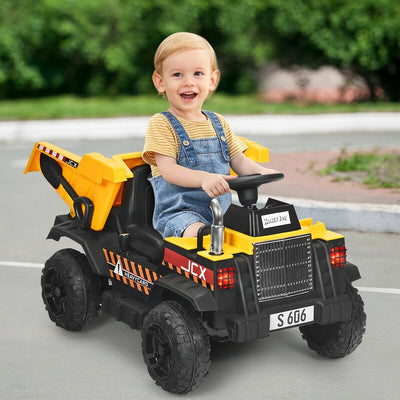 12V Battery Kids Ride On Dump Truck with Electric Bucket and Dump Bed-Yellow