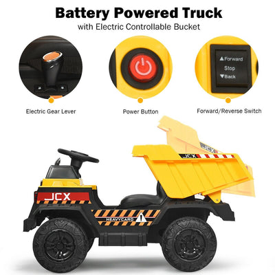 12V Battery Kids Ride On Dump Truck with Electric Bucket and Dump Bed-Yellow