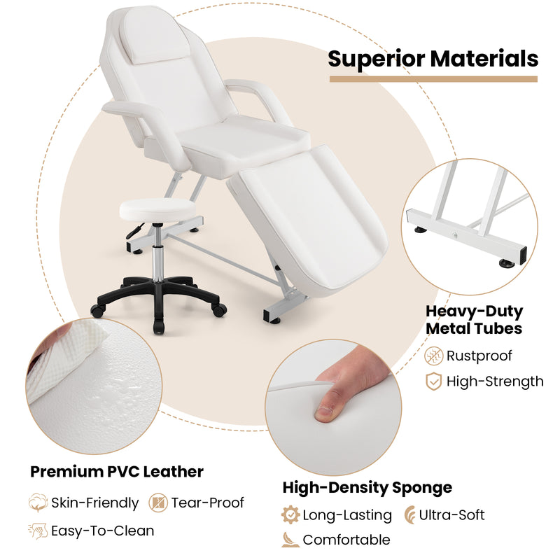 73 Inch Facial Chair Set with Removable Headrest Detachable Armrests and Towel Rack-White