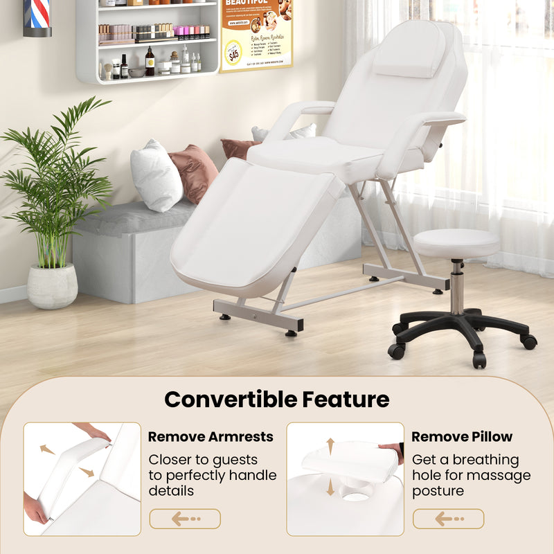 73 Inch Facial Chair Set with Removable Headrest Detachable Armrests and Towel Rack-White