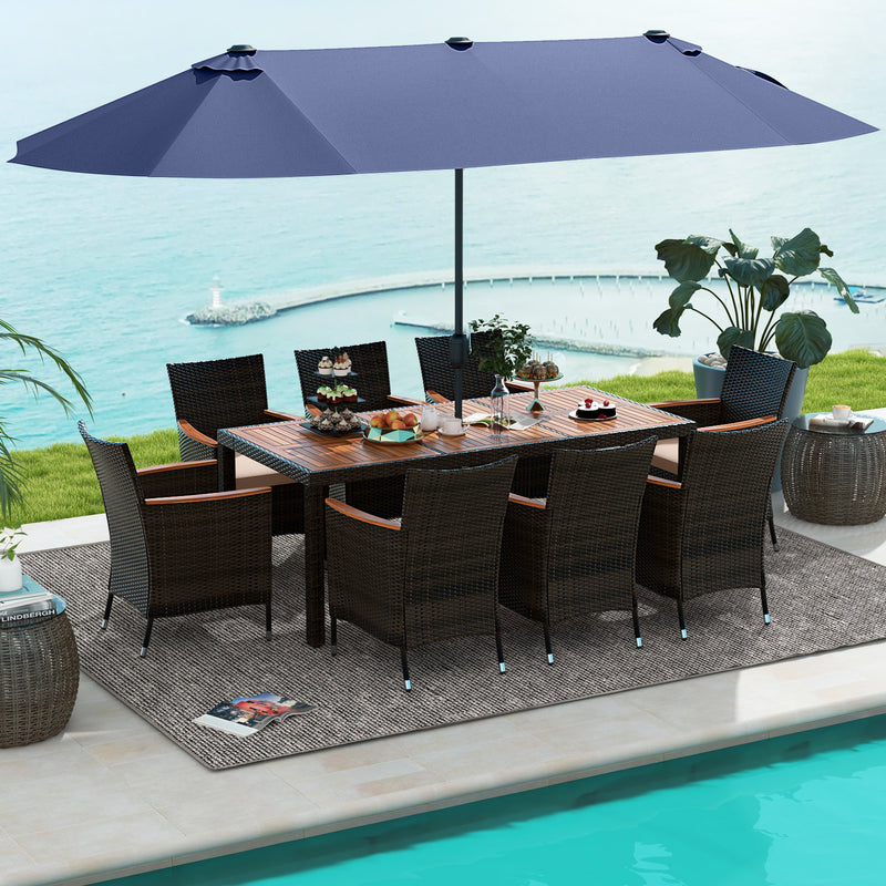 11 Pieces Patio Dining Set with 15 Feet Double-Sided Patio Umbrella and Base-Navy