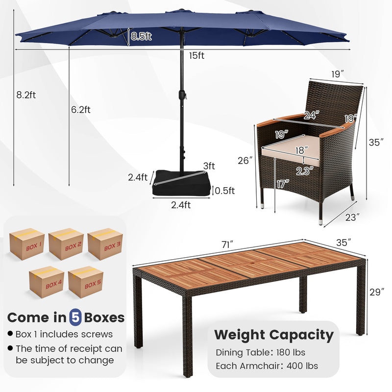 11 Pieces Patio Dining Set with 15 Feet Double-Sided Patio Umbrella and Base-Navy