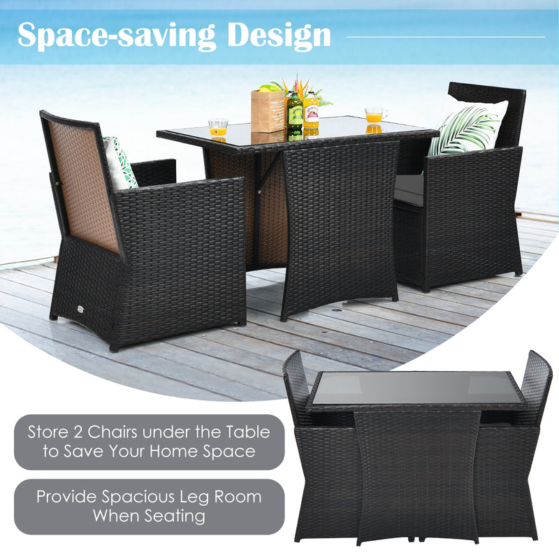 3 Pieces Patio Rattan Furniture Set with Cushion and Sofa Armrest-Gray