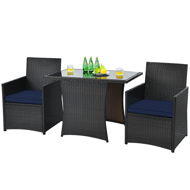 3 Pieces Patio Rattan Furniture Set with Cushion and Sofa Armrest-Navy