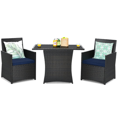 3 Pieces Patio Rattan Furniture Set with Cushion and Sofa Armrest-Navy