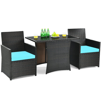 3 Pieces Patio Rattan Furniture Set with Cushion and Sofa Armrest-Turquoise