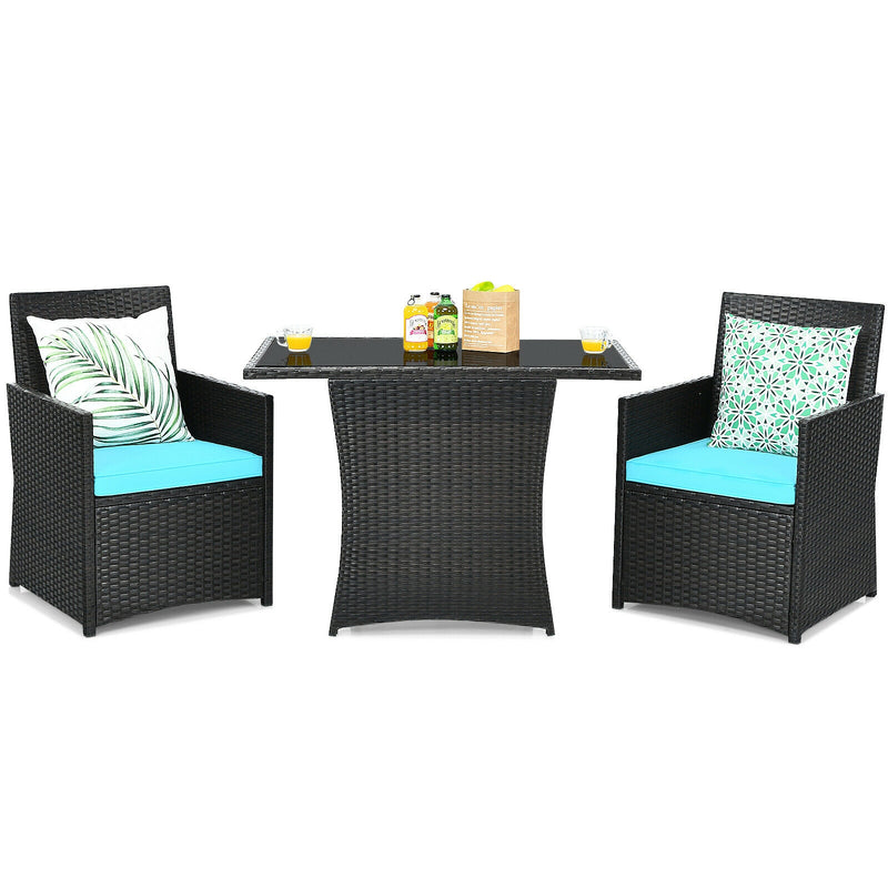 3 Pieces Patio Rattan Furniture Set with Cushion and Sofa Armrest-Turquoise