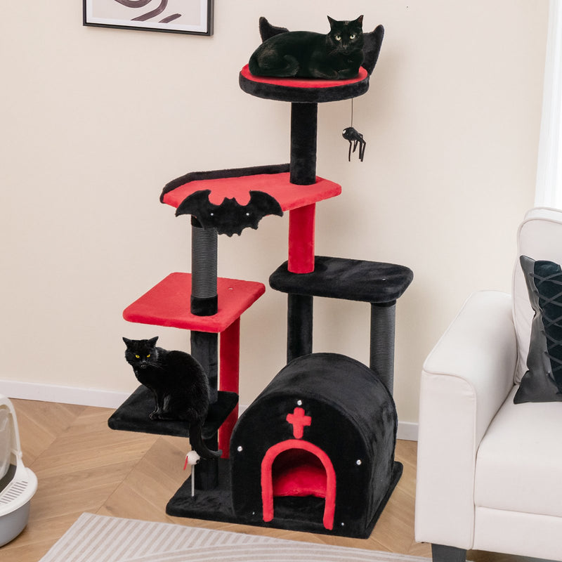 Gothic Cat Tree 53 Inch Tall Cat Tower with Cat Bed and Arch-Shaped Condo-Black