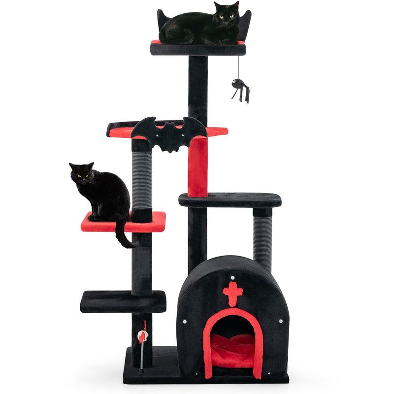 Gothic Cat Tree 53 Inch Tall Cat Tower with Cat Bed and Arch-Shaped Condo-Black