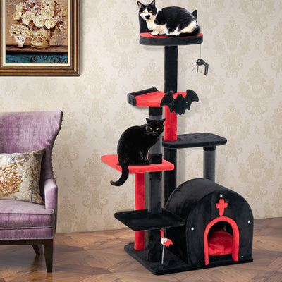 Gothic Cat Tree 53 Inch Tall Cat Tower with Cat Bed and Arch-Shaped Condo-Black