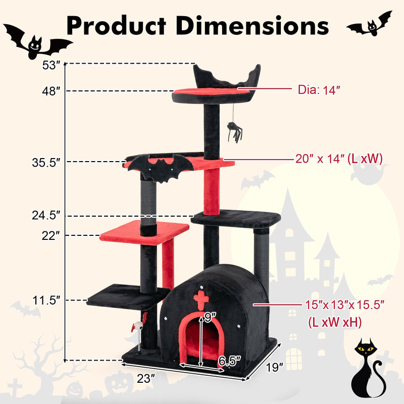 Gothic Cat Tree 53 Inch Tall Cat Tower with Cat Bed and Arch-Shaped Condo-Black