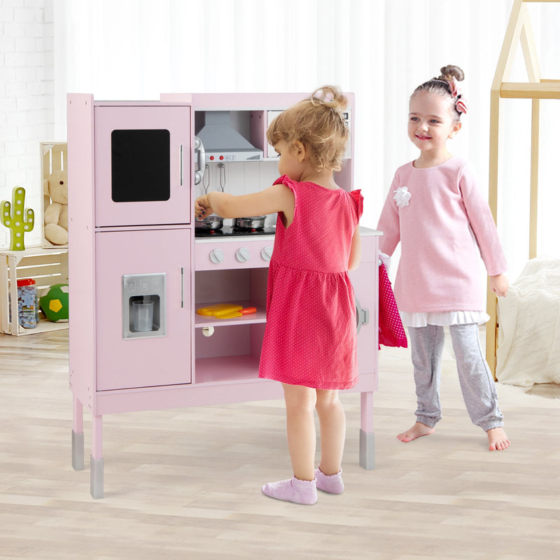 Wooden Pretend Play Kitchen for Kids with 16 Pieces Accessories-Pink