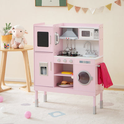 Wooden Pretend Play Kitchen for Kids with 16 Pieces Accessories-Pink