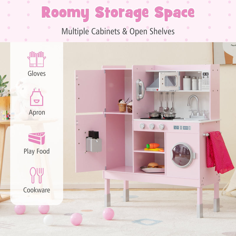 Wooden Pretend Play Kitchen for Kids with 16 Pieces Accessories-Pink