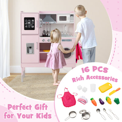 Wooden Pretend Play Kitchen for Kids with 16 Pieces Accessories-Pink