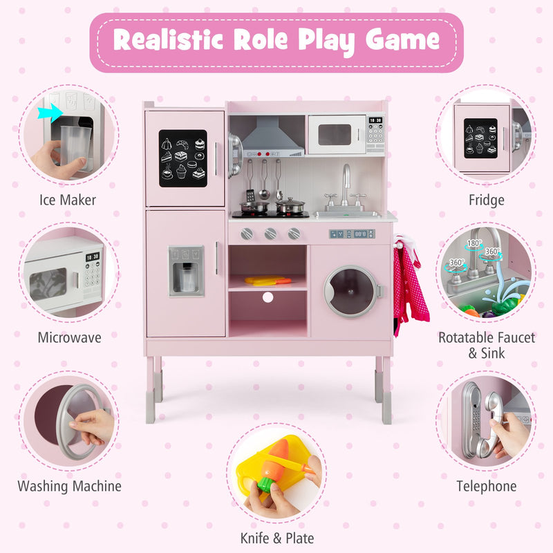 Wooden Pretend Play Kitchen for Kids with 16 Pieces Accessories-Pink