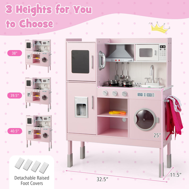 Wooden Pretend Play Kitchen for Kids with 16 Pieces Accessories-Pink