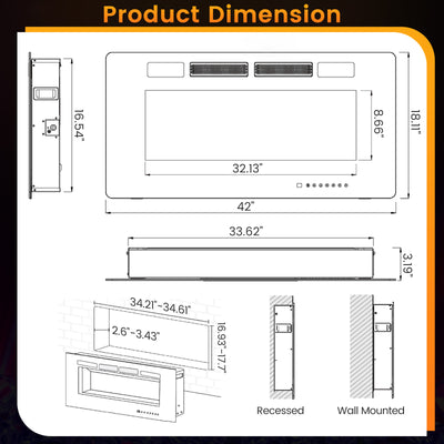 42 Inch Ultra-Thin Electric Fireplace with Decorative Crystals and Smart APP Control-42 inch