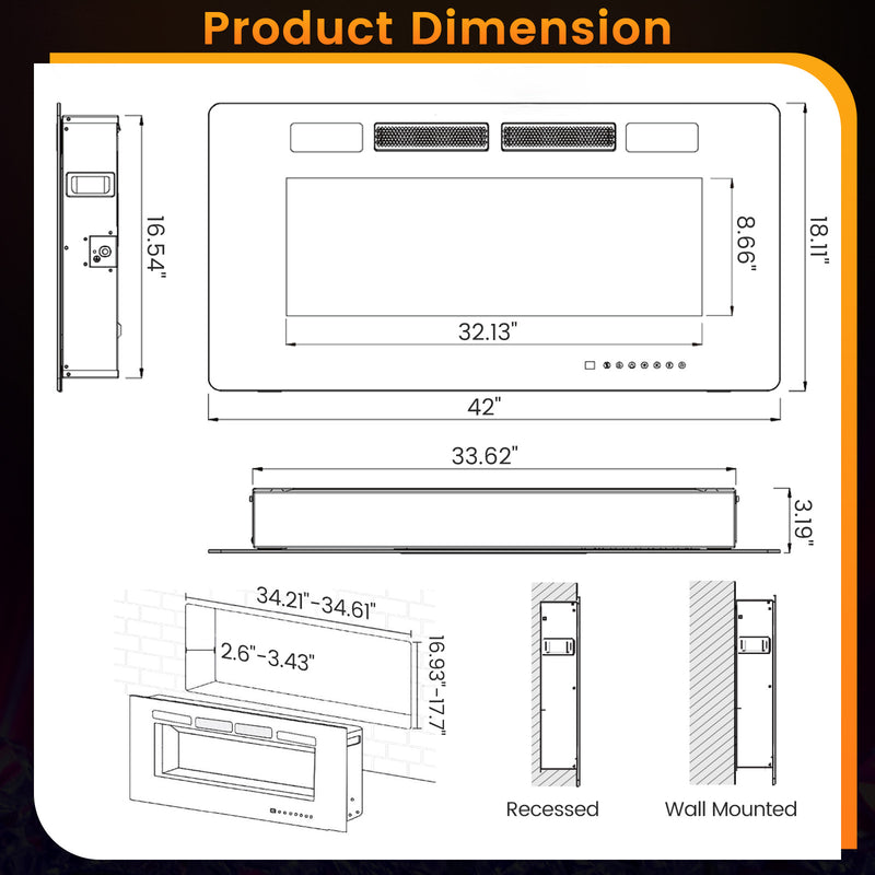 42 Inch Ultra-Thin Electric Fireplace with Decorative Crystals and Smart APP Control-42 inch