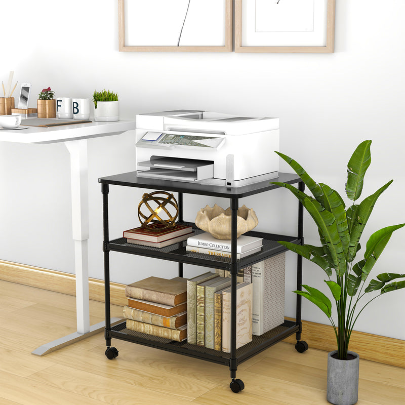 3 Tier Printer Stand Rolling Fax Cart with Adjustable Shelf and Swivel Wheels-Black