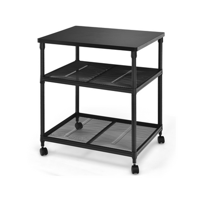 3 Tier Printer Stand Rolling Fax Cart with Adjustable Shelf and Swivel Wheels-Black