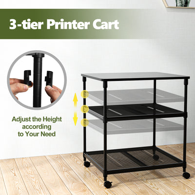 3 Tier Printer Stand Rolling Fax Cart with Adjustable Shelf and Swivel Wheels-Black