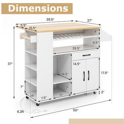 Rolling Kitchen Island Cart with Power Outlet for Dining Room-White and Natural