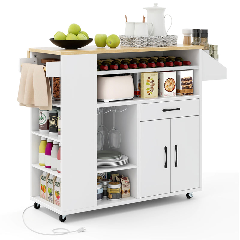 Rolling Kitchen Island Cart with Power Outlet for Dining Room-White and Natural