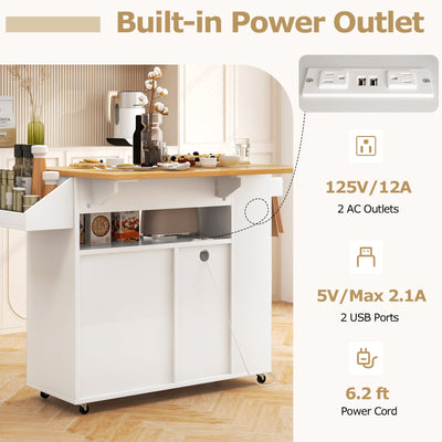 Rolling Kitchen Island Cart with Power Outlet for Dining Room-White and Natural