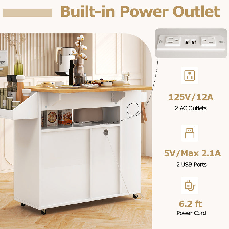 Rolling Kitchen Island Cart with Power Outlet for Dining Room-White and Natural