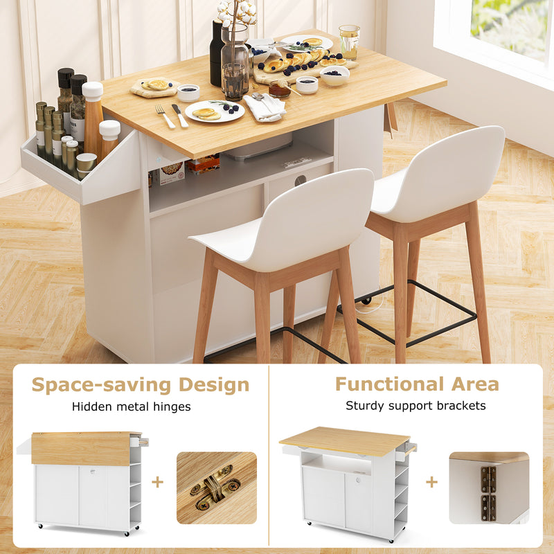 Rolling Kitchen Island Cart with Power Outlet for Dining Room-White and Natural