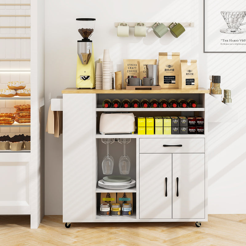 Rolling Kitchen Island Cart with Power Outlet for Dining Room-White and Natural