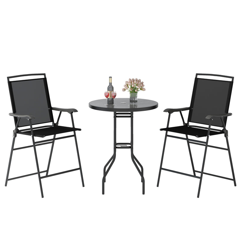 3 Pieces Outdoor Bar Stool Set with DPC Tabletop and Umbrella Hole for Poolside-Black