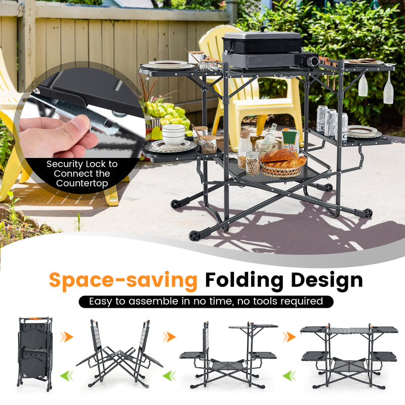 Folding Portable Outdoor Cook Station with Heat-Resistant Aluminum Tabletop