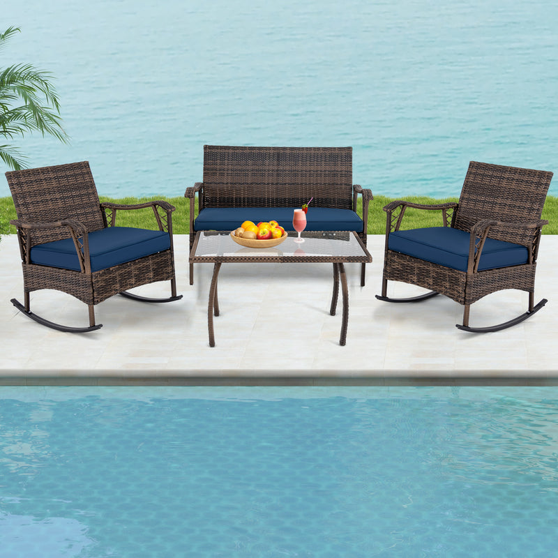 4 Pieces Wicker Rocking Set with Bungee Rope Seat for Porch Yard-Navy