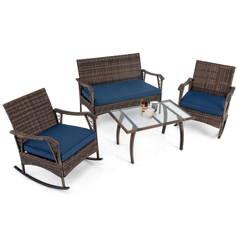 4 Pieces Wicker Rocking Set with Bungee Rope Seat for Porch Yard-Navy