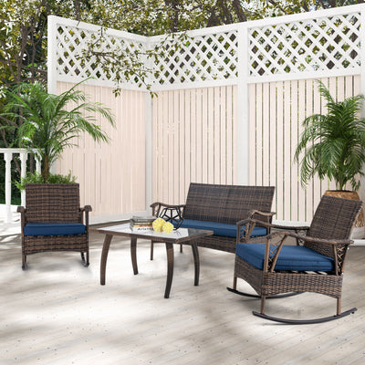 4 Pieces Wicker Rocking Set with Bungee Rope Seat for Porch Yard-Navy