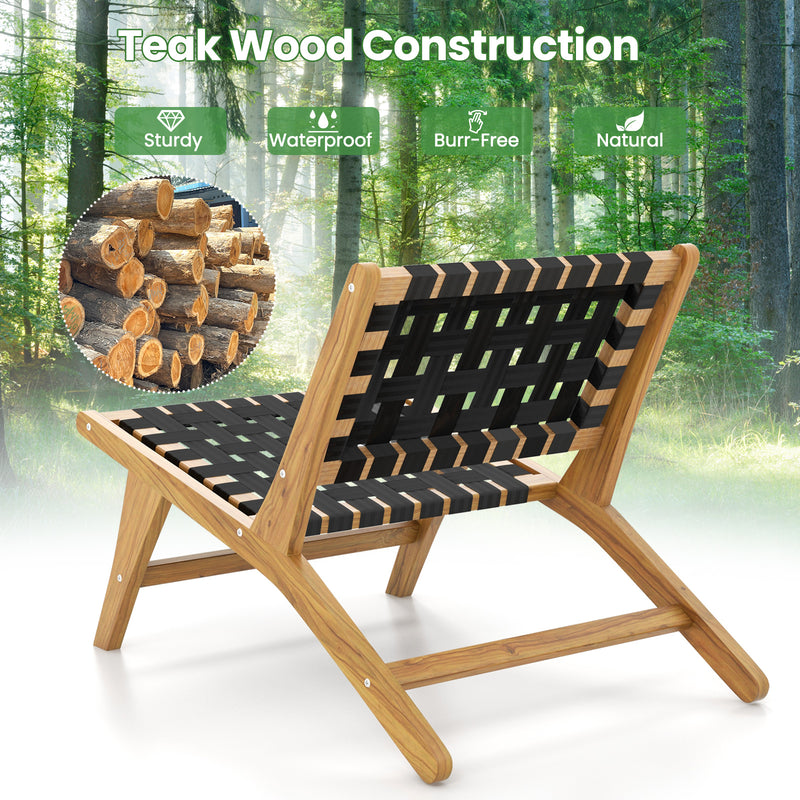 Indoor Patio Teak Wooden Chair with Woven Webbing Seat and Backrest