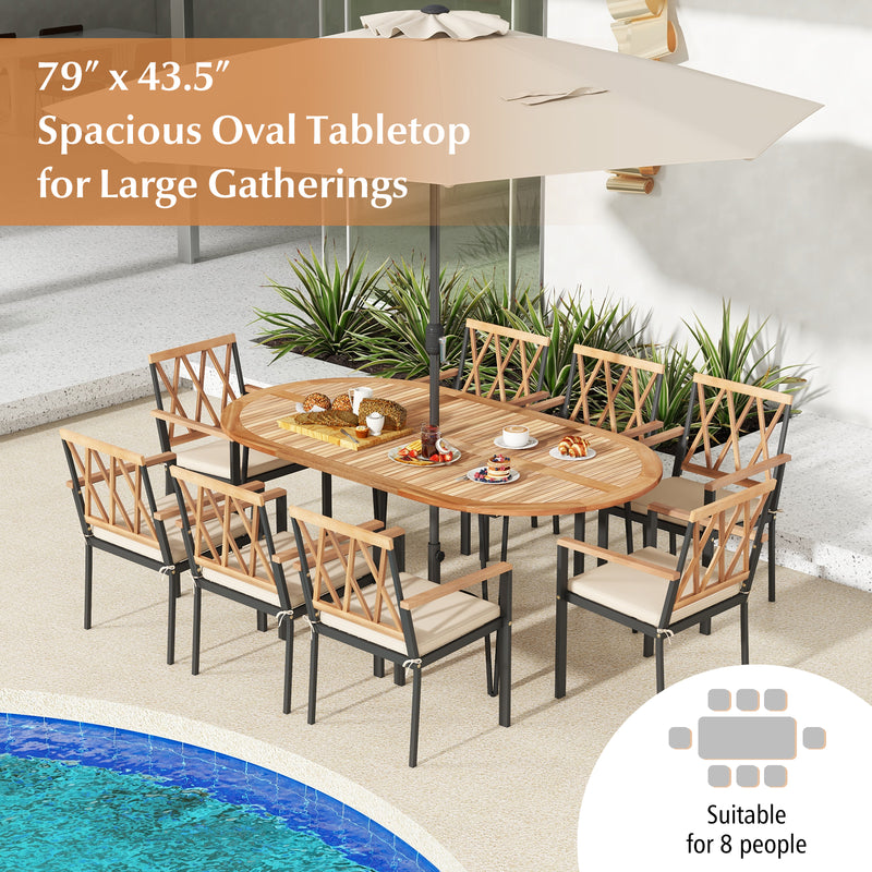 79 Inch Oval Patio Dining Table with Umbrella Hole and Acacia Wood Tabletop for 8 People