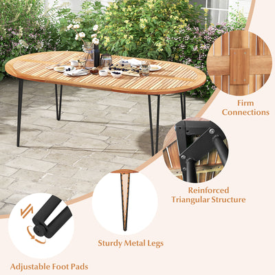 79 Inch Oval Patio Dining Table with Umbrella Hole and Acacia Wood Tabletop for 8 People