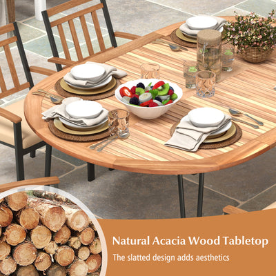 79 Inch Oval Patio Dining Table with Umbrella Hole and Acacia Wood Tabletop for 8 People