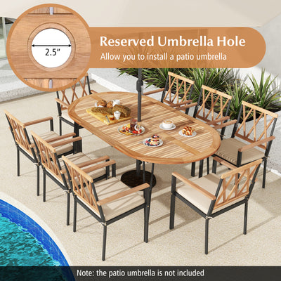 79 Inch Oval Patio Dining Table with Umbrella Hole and Acacia Wood Tabletop for 8 People