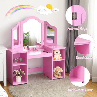 Kids Tri Folding Mirror Makeup Dressing Vanity Table Set-Pink