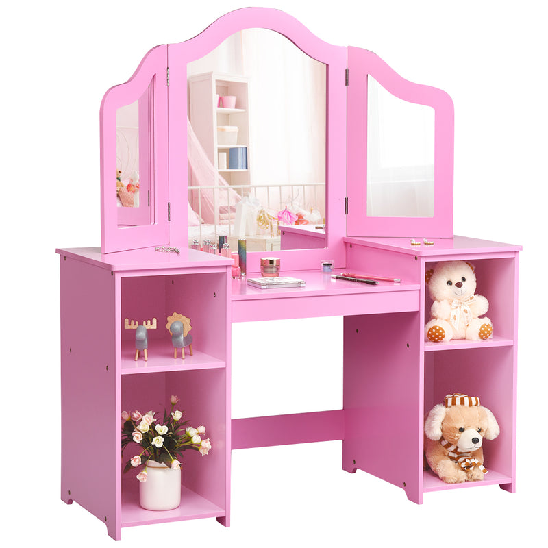 Kids Tri Folding Mirror Makeup Dressing Vanity Table Set-Pink