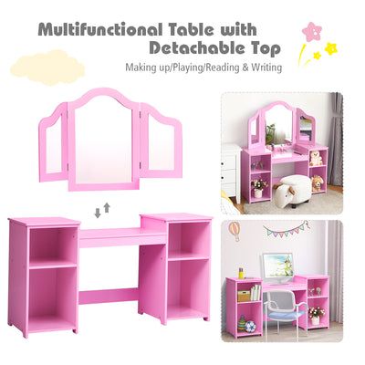 Kids Tri Folding Mirror Makeup Dressing Vanity Table Set-Pink